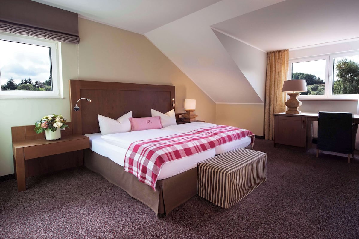 A hotel room with a large bed, a desk, a chair, a lamp, and a view of the outdoors.