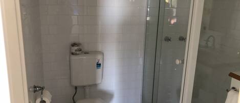 A bathroom with a toilet, a glass shower enclosure, and a tiled floor.