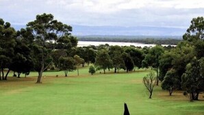 Un campo da golf con vista libera su un corpo d'acqua in lontananza e diversi alberi.