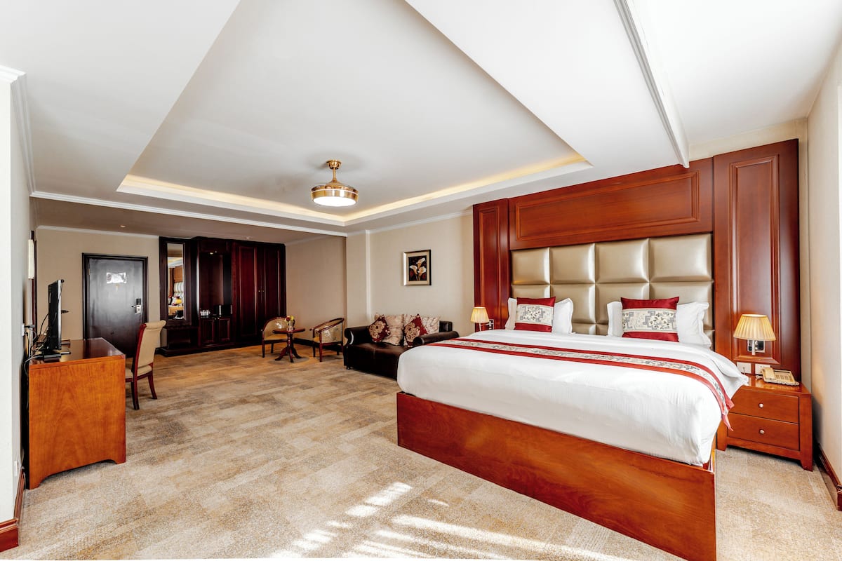 A hotel room with a large bed, a desk, a chair, a nightstand, and a ceiling light.