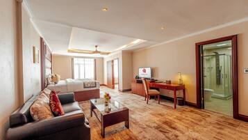 Camera d'albergo con zona living, dotata di divano, tavolino e televisore. Include anche una scrivania con sedia, box doccia in vetro e un letto con vista su una finestra.