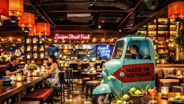 A restaurant interior with a vintage blue truck labeled "MADE IN VIETNAM" and a neon sign reading "Saigon Street Food". - Diamond Luxury Ben Thanh (Ho Chi Minh City)