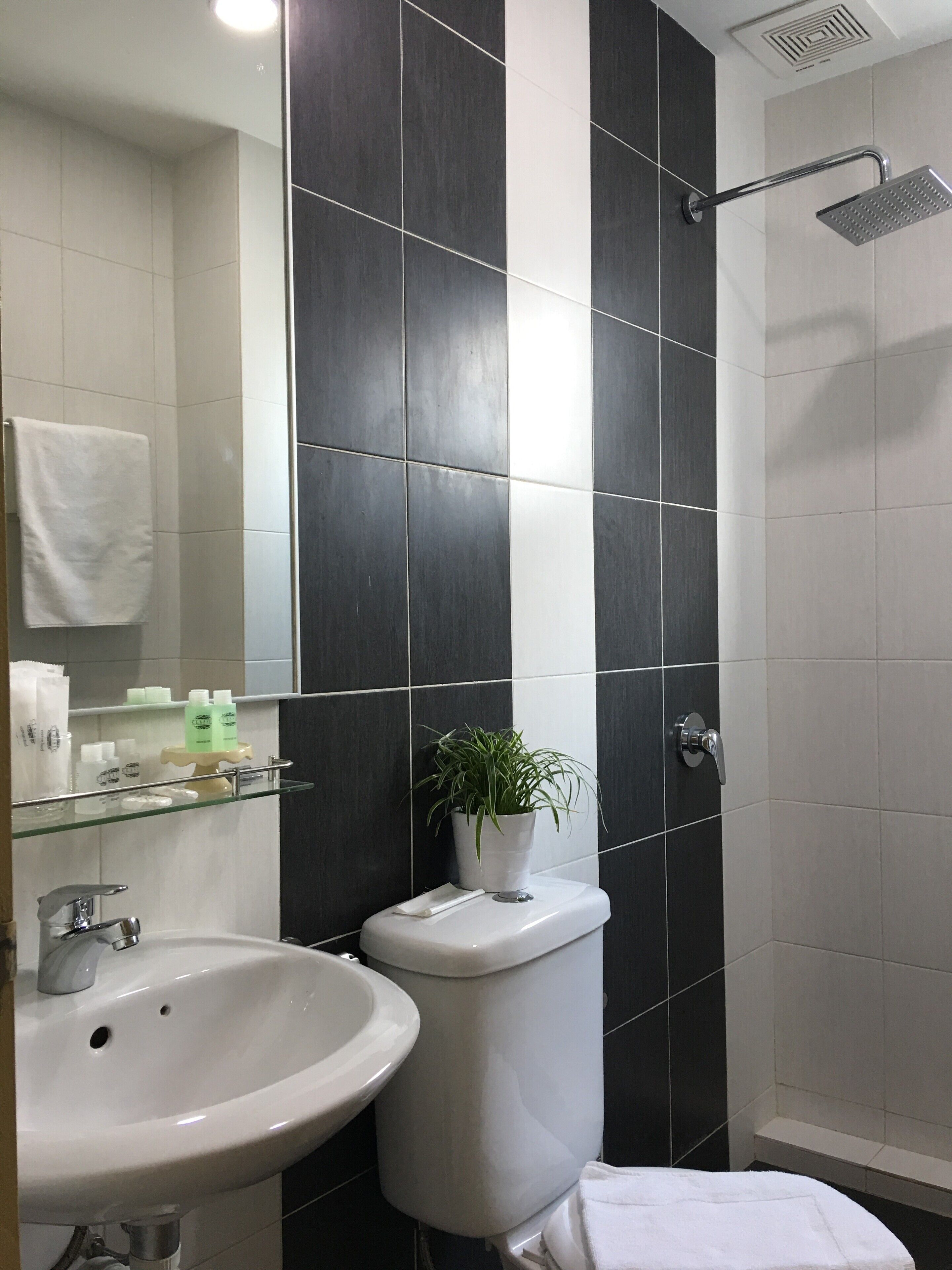 Shower, rainfall showerhead, free toiletries, hair dryer