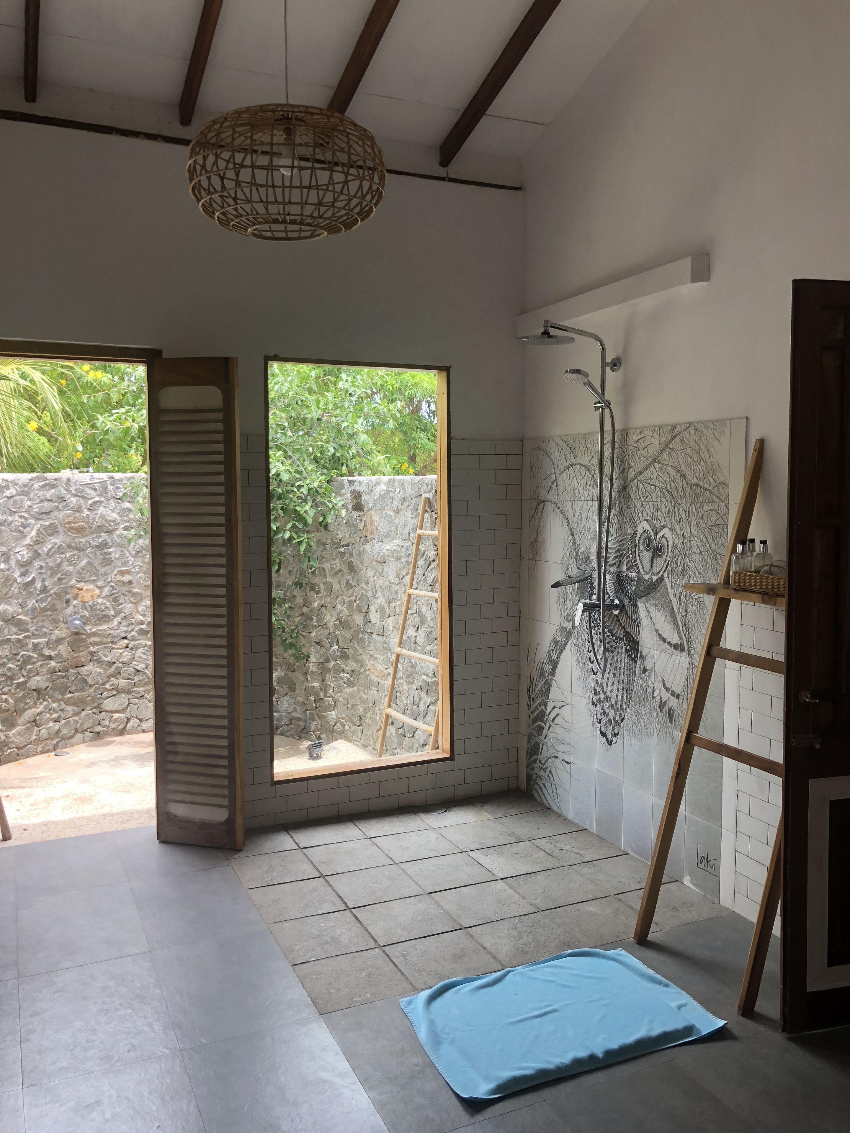Une salle de bain avec une douche, une grande fenêtre et une fresque murale.