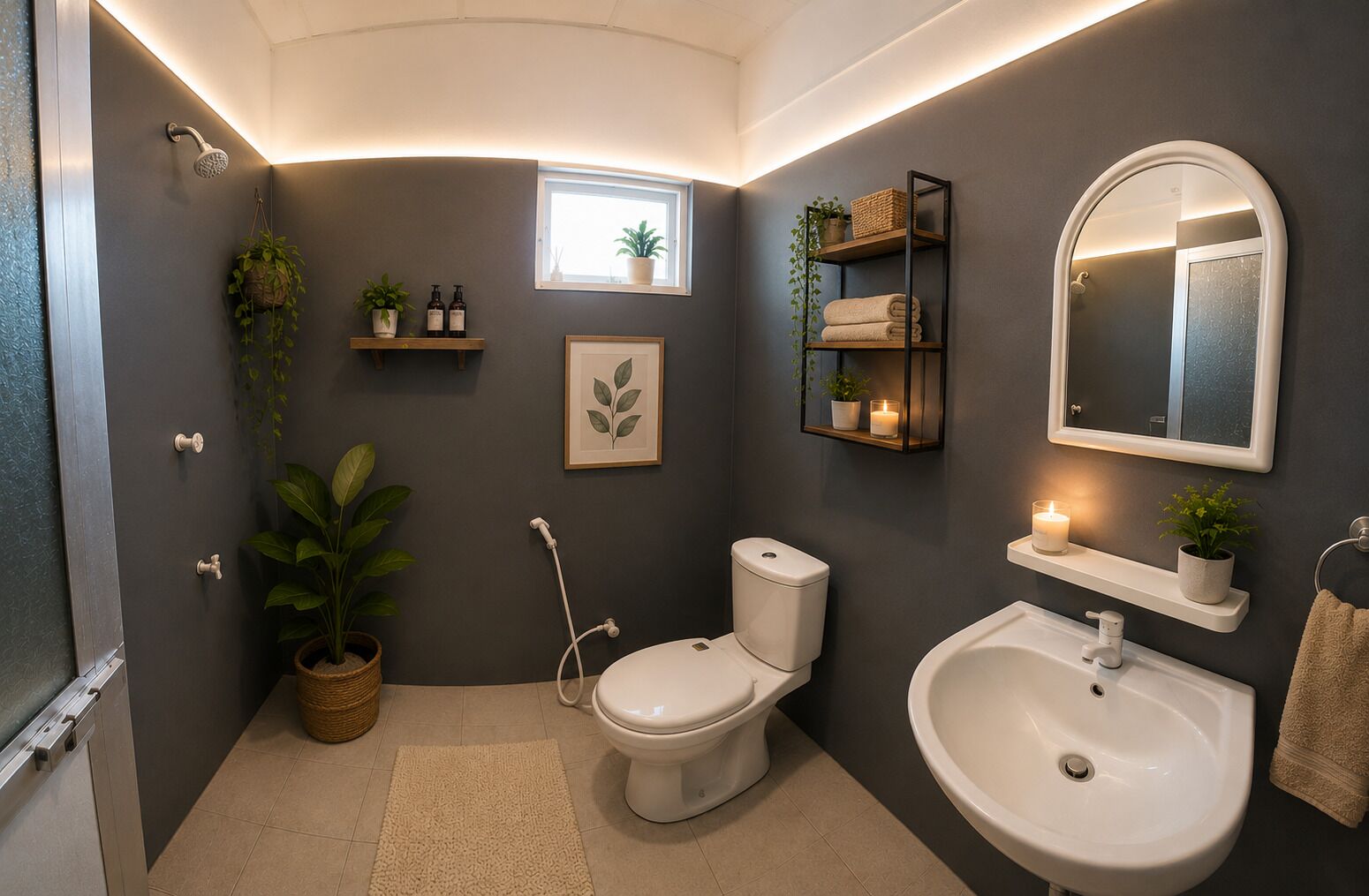 A modern bathroom with a toilet, sink, shower, and a small window.