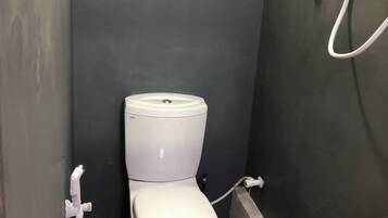 A bathroom with a toilet, a handrail, and a shower hose.