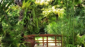 A wooden bridge over a pond with lily pads, surrounded by dense green foliage. - Poppies Bali (Kuta)