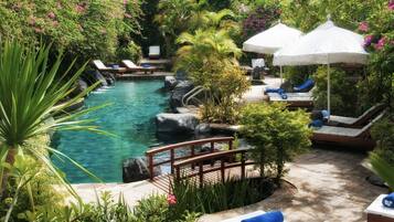 Outdoor pool, pool umbrellas, pool loungers