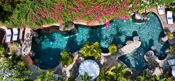 Outdoor pool, pool umbrellas, pool loungers