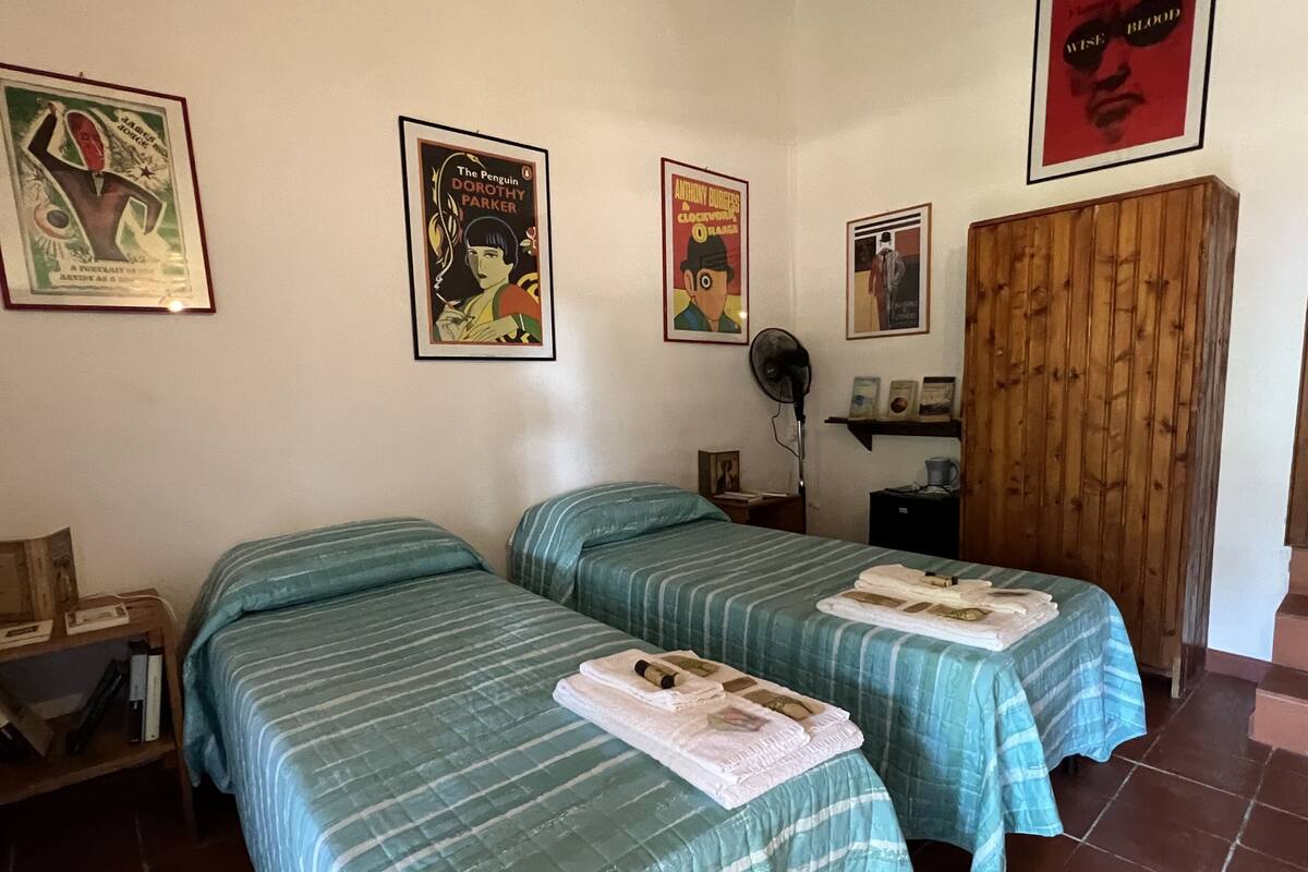 Een kamer met twee bedden, een houten garderobe en verschillende posters aan de muur.