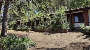 Un bâtiment rustique, doté de fondations en pierre et de poutres en bois, entouré d’une végétation luxuriante et d’arbres.