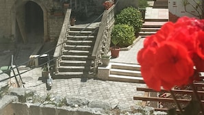 A stone building with a staircase leading to a door, surrounded by potted plants and a red flower in the foreground. - House Klaudija (Trogir)