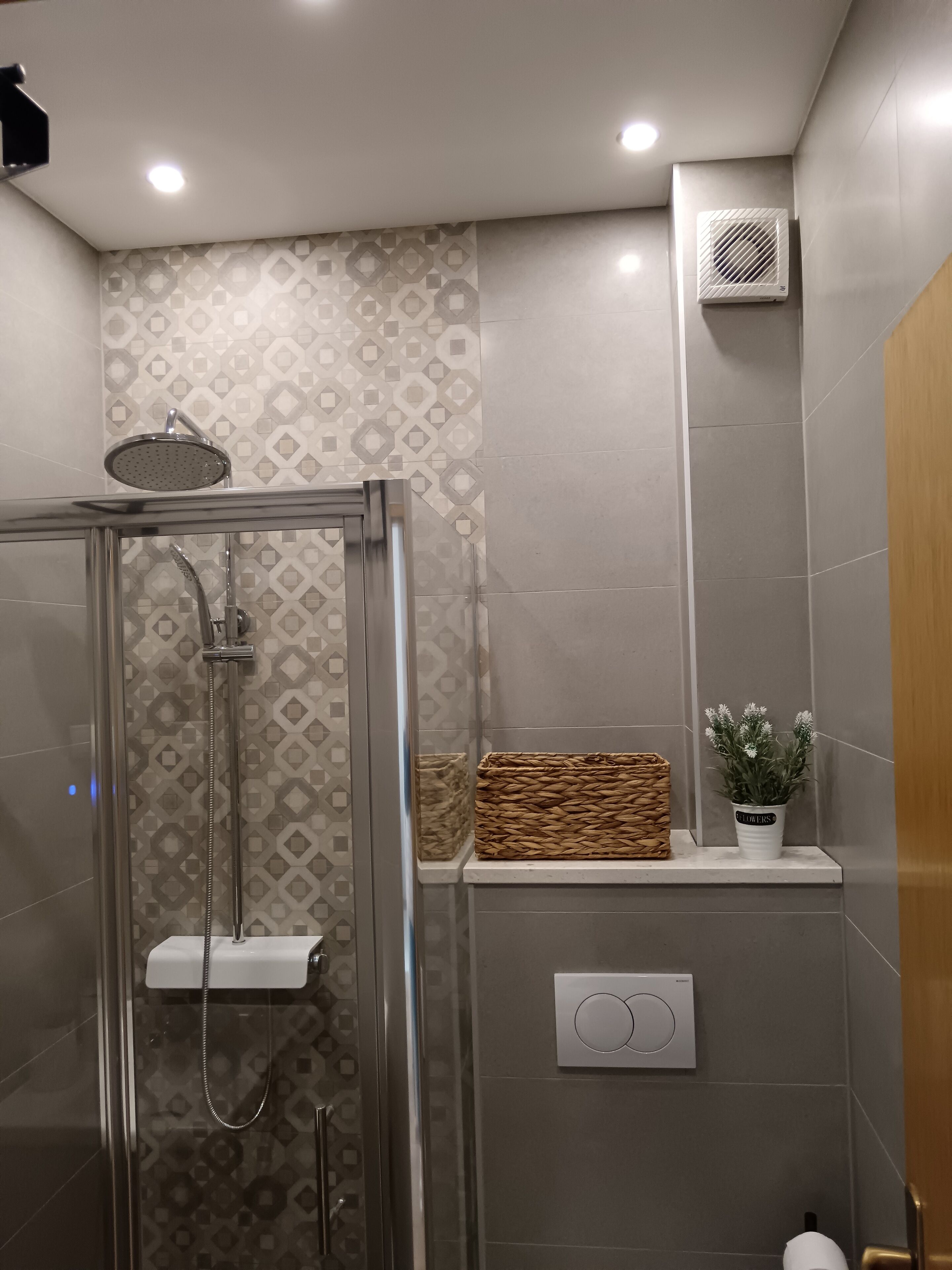 Un baño moderno con ducha acristalada, lavamanos integrado y un estante pequeño con una planta en maceta.