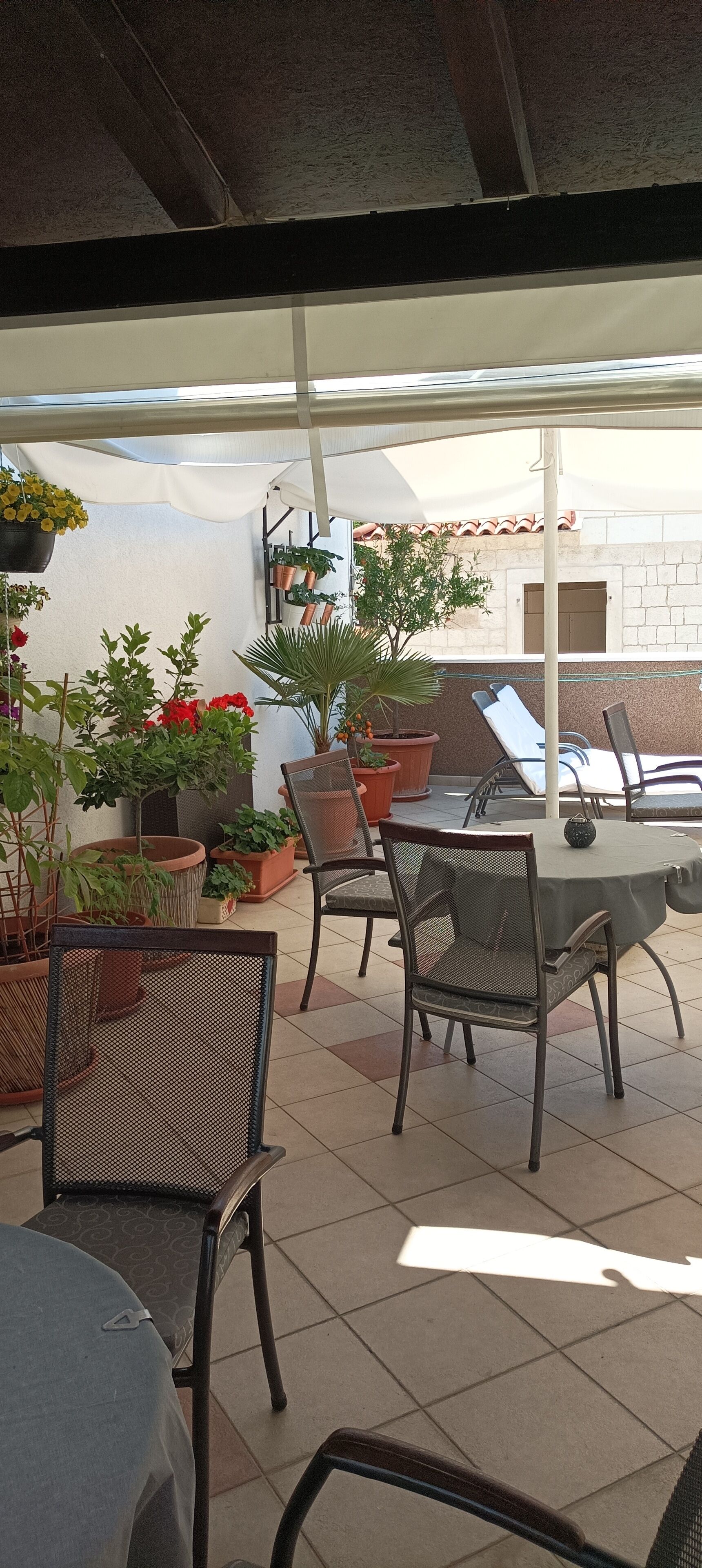 An outdoor patio with a covered seating area, potted plants, and a view of the building in the background.