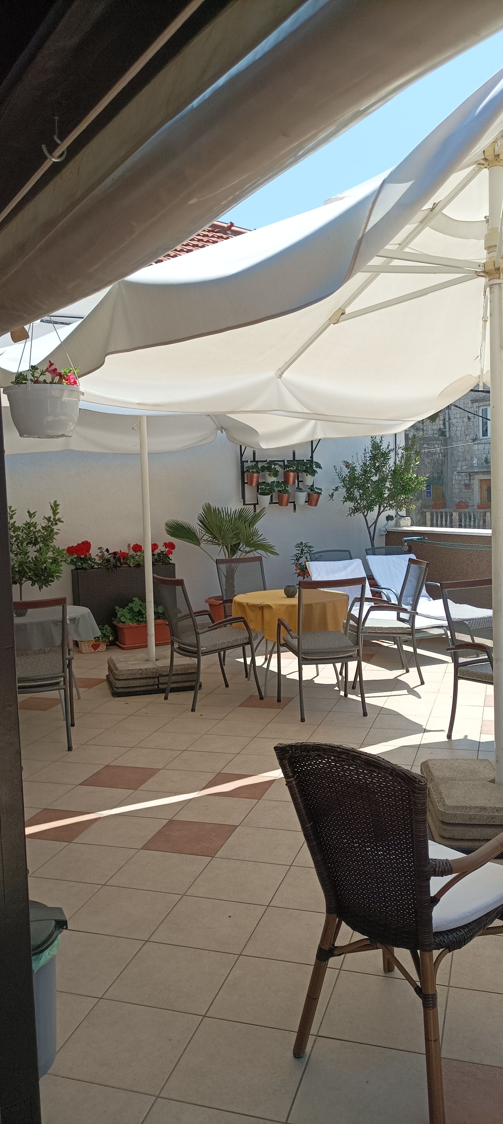 Un espace extérieur aménagé en terrasse, doté d’un coin salon couvert, de plantes en pot et d’un sol carrelé.