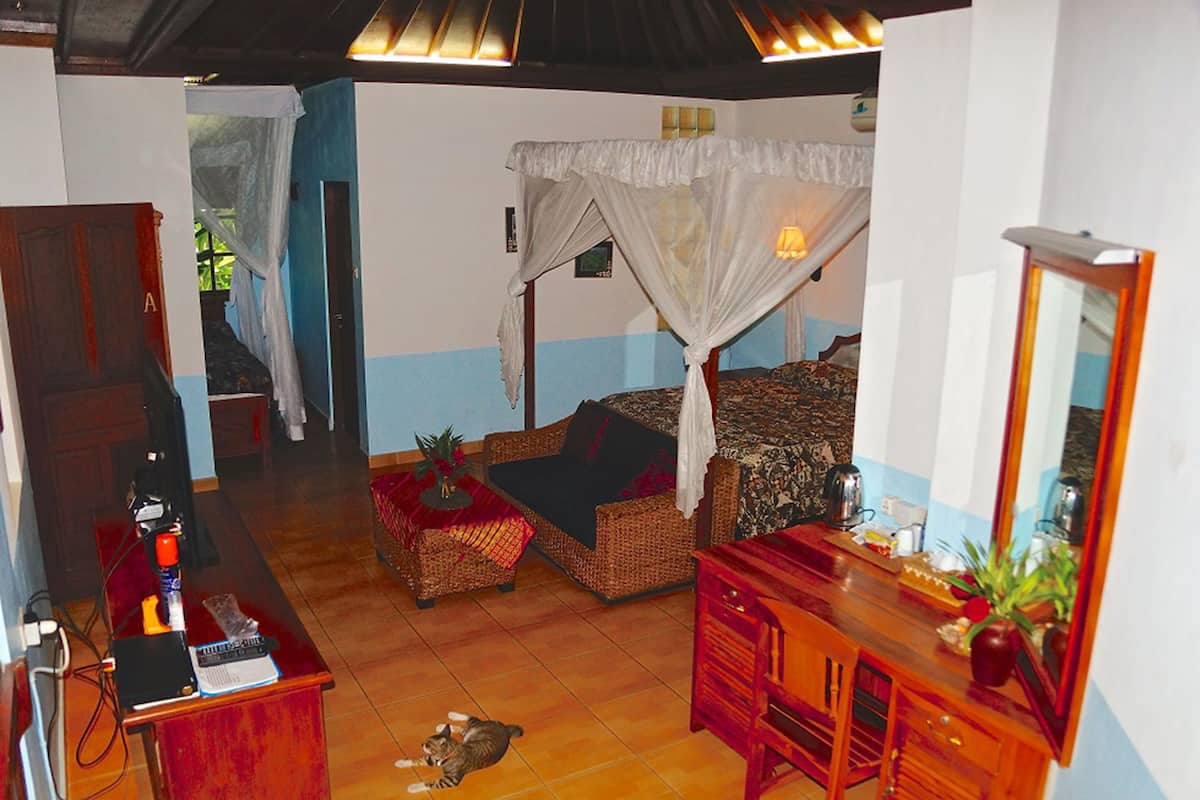 Una habitación con cama, sofá, mesa de comedor y espejo.