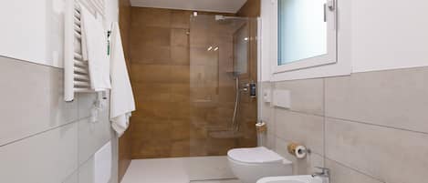 A modern bathroom with a glass-enclosed shower, a bidet, and a sink.