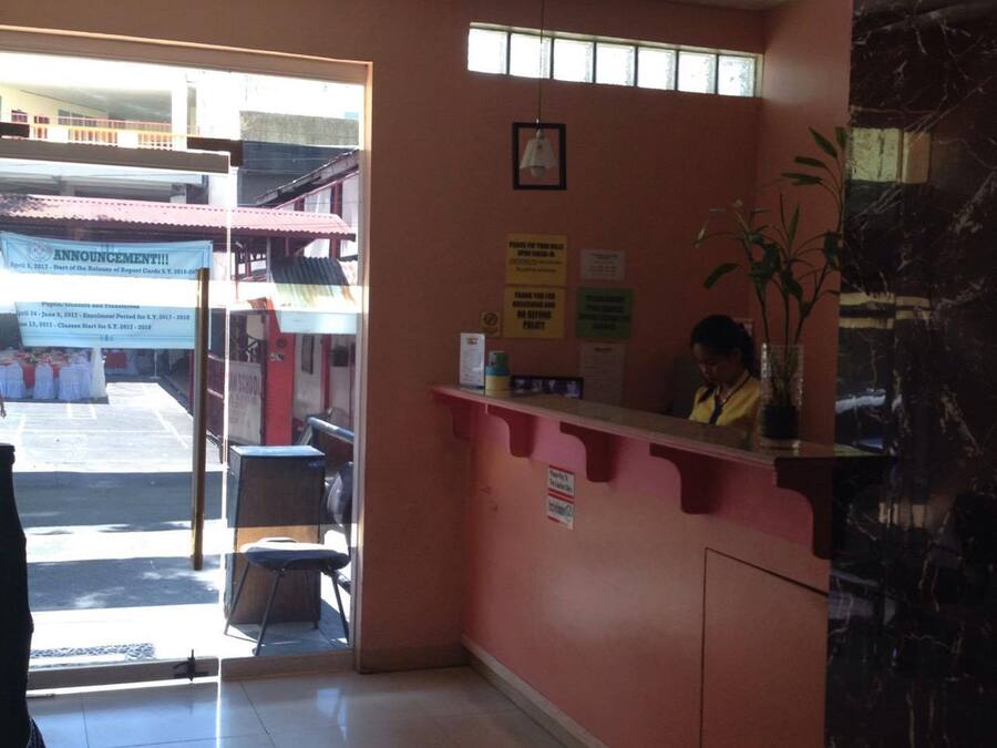 A reception area with a counter, a chair, and a potted plant.