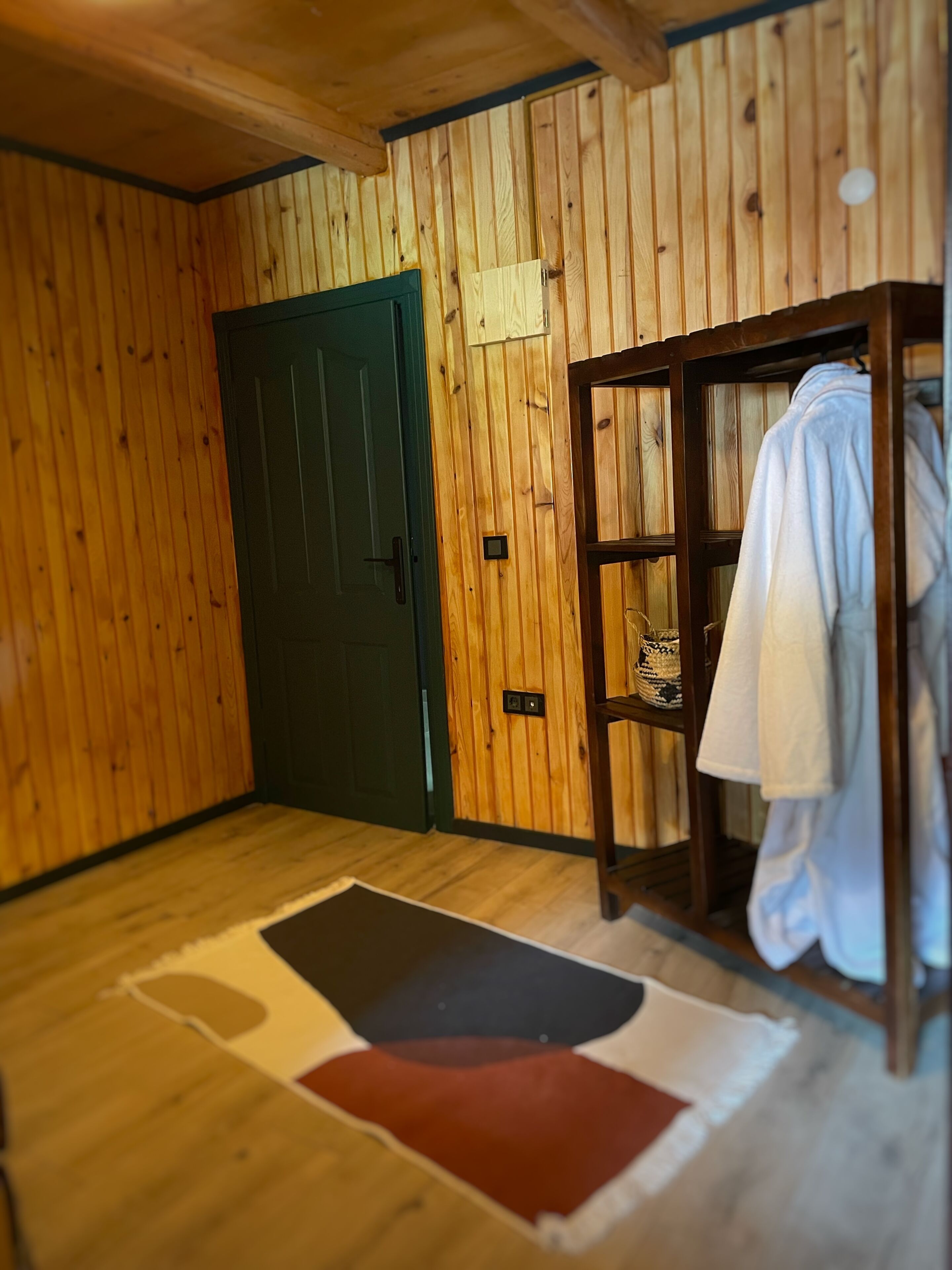 Een kamer met houten wanden en een groene deur. Er staat een houten kastje met een witte handdoek erover.