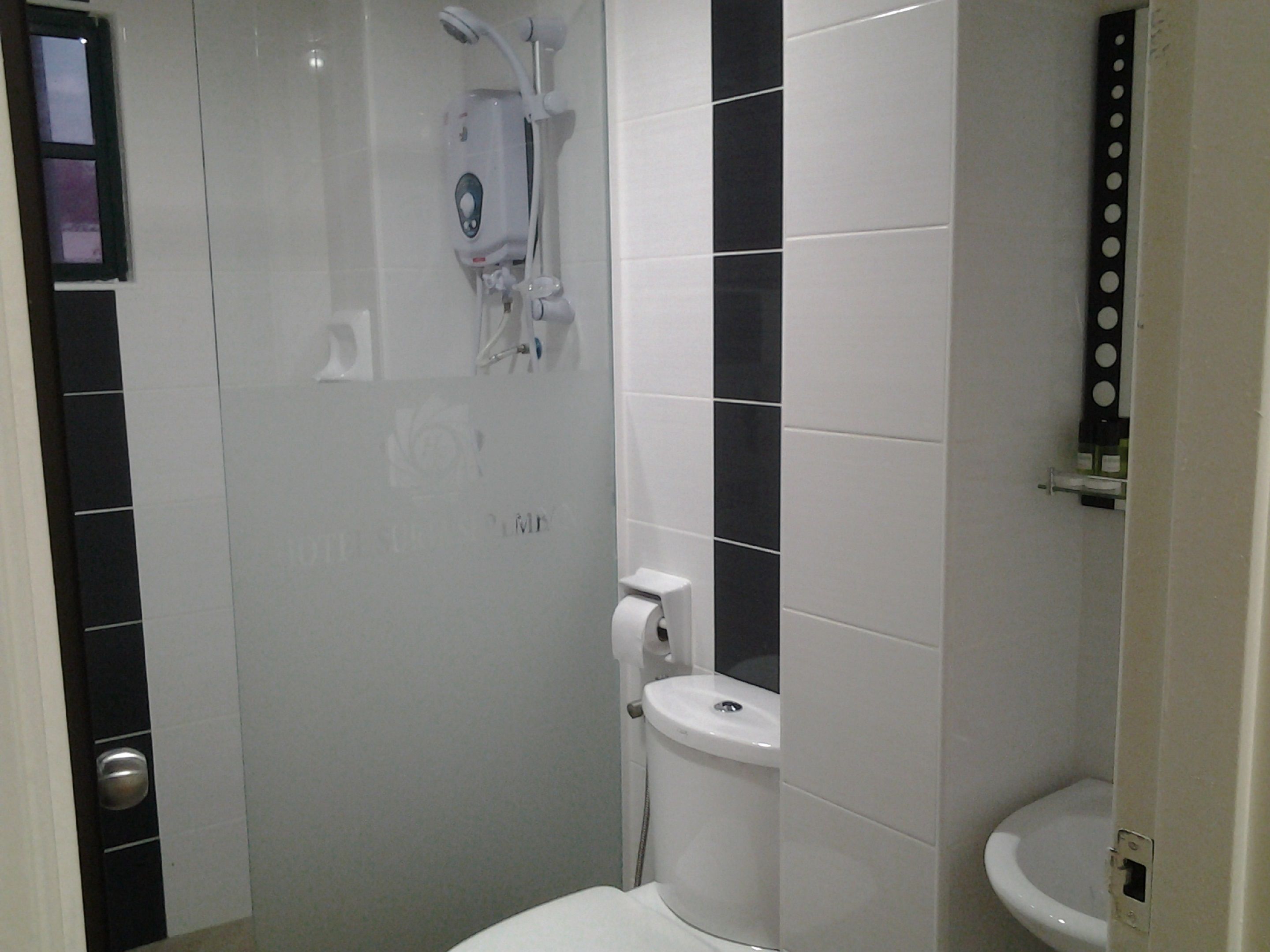 A bathroom with a shower, toilet, and a sink.