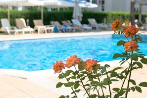 A poolside area with lounge chairs and a rose bush in the foreground.