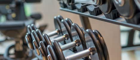 A rack of dumbbells in a gym.