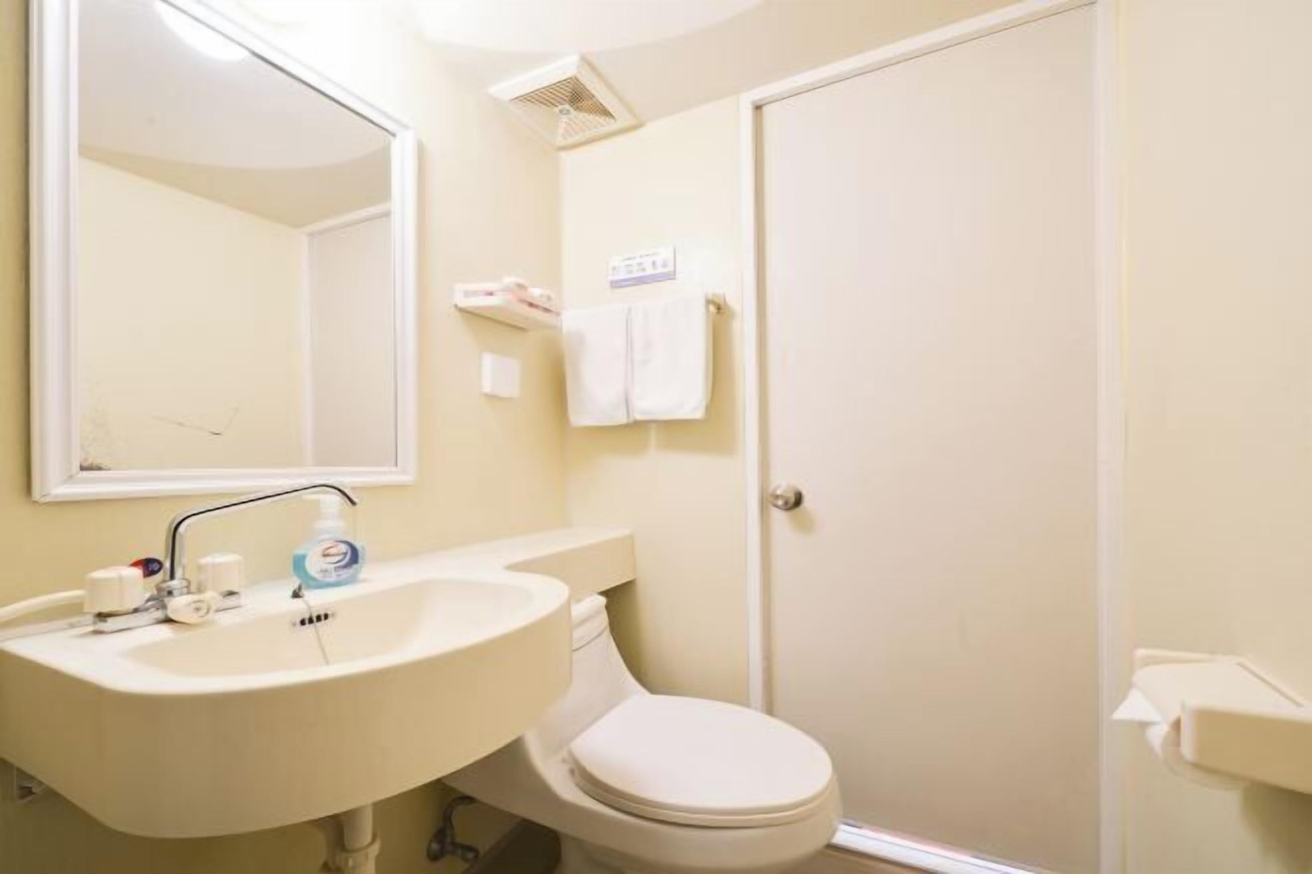 A bathroom with a sink, mirror, toilet, and towel rack.