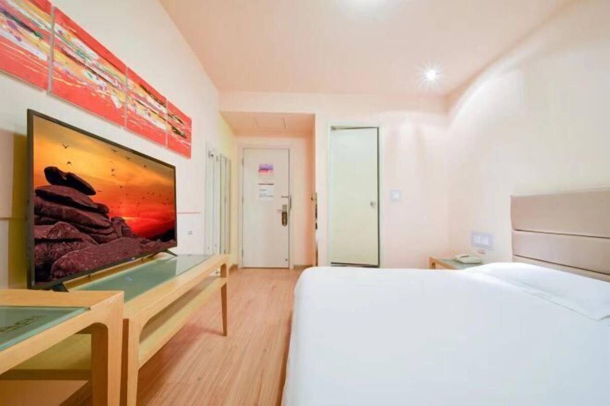 Una habitación de hotel con cama, televisor sobre un mueble, una puerta y una pared con un cuadro.