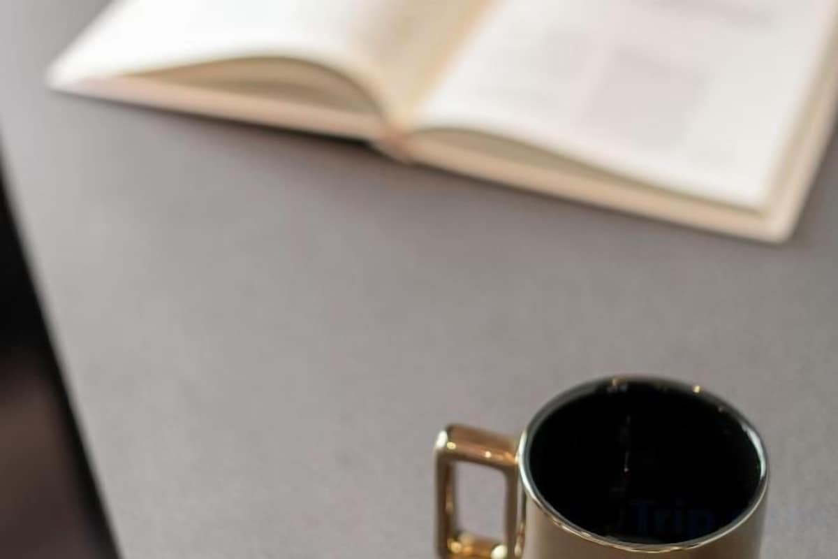 A closed book and a coffee mug on a table.