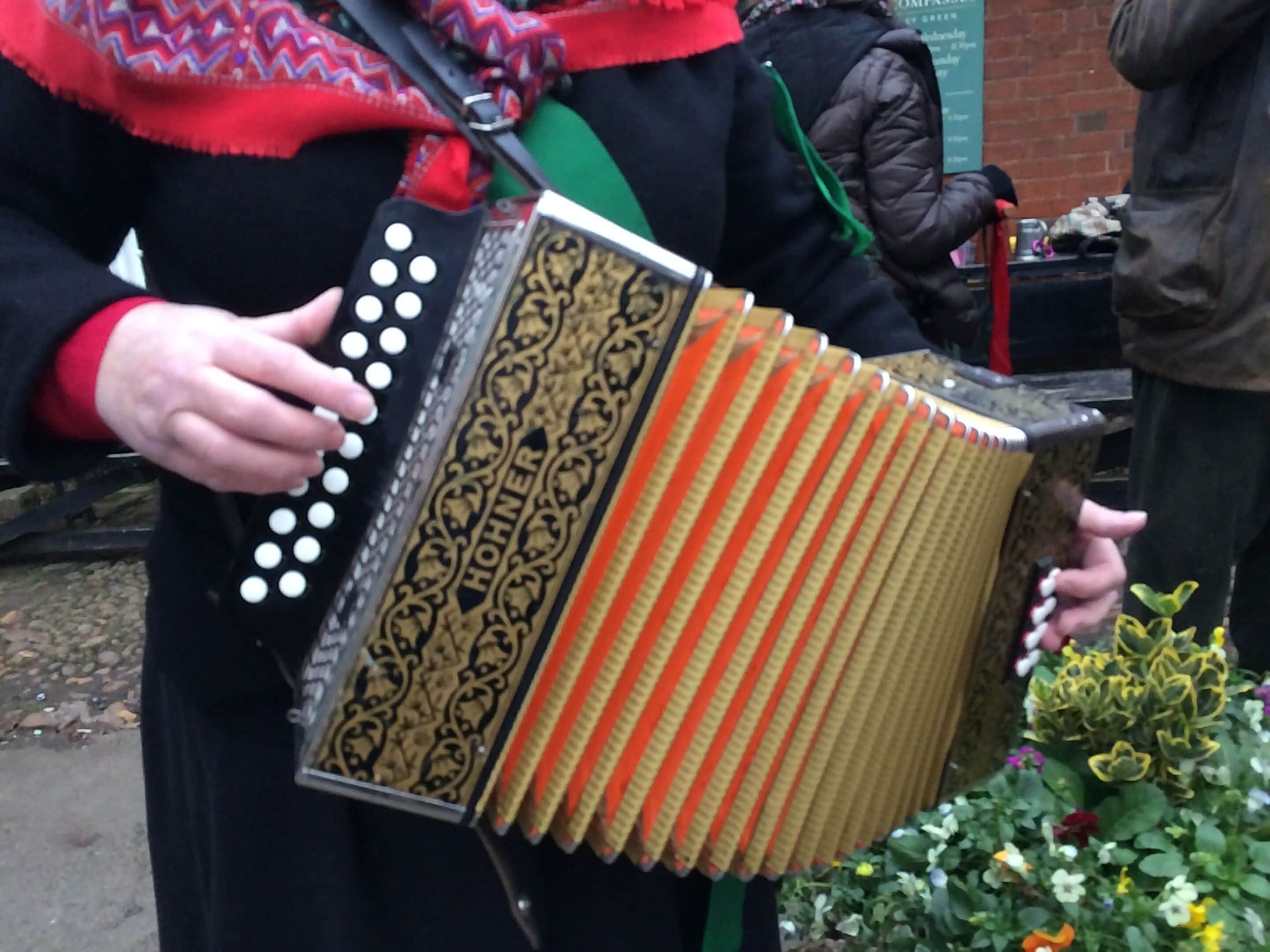 A person holding an accordion with a patterned cover.