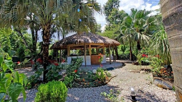 A thatched-roof gazebo surrounded by lush greenery and a variety of plants. - Eden Jungle Resort (Sauraha)
