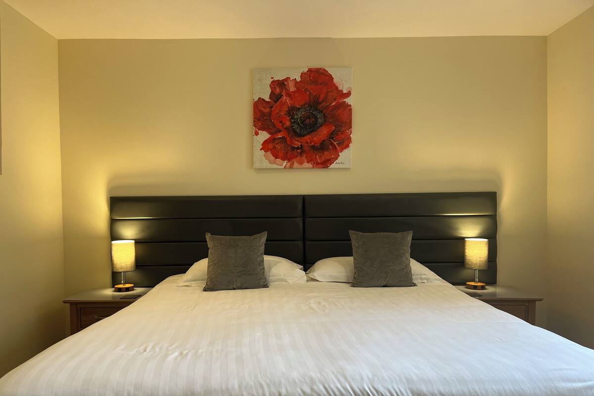 Una cama bien tendida con sábanas blancas y dos almohadas grises, flanqueada por mesitas de noche con lámparas, en una habitación con un cabecero oscuro y un cuadro grande de una flor roja en la pared.