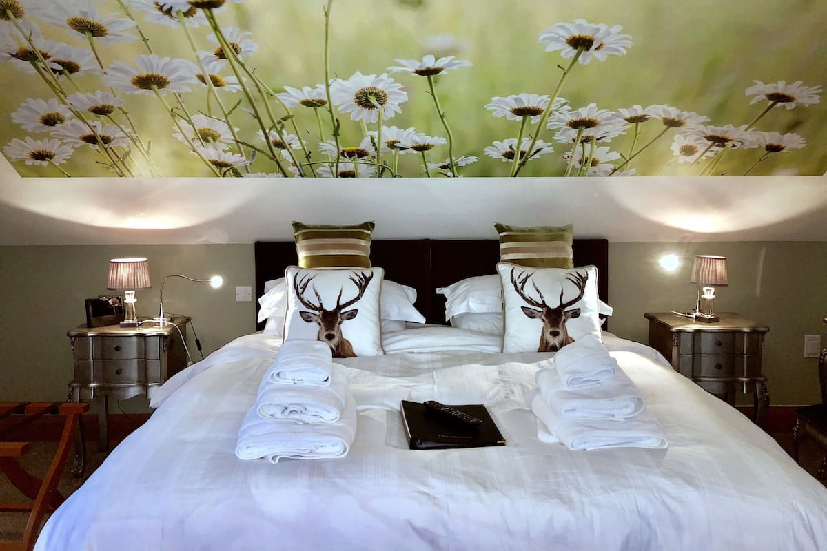 A hotel room with a large bed, two nightstands, a lamp, and a painting of daisies on the ceiling.