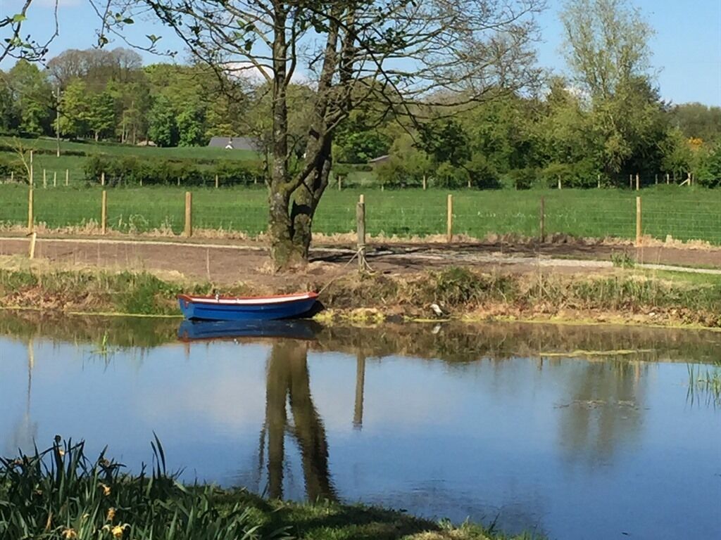 A calm pond with a blue boat, surrounded by greenery and a fence.