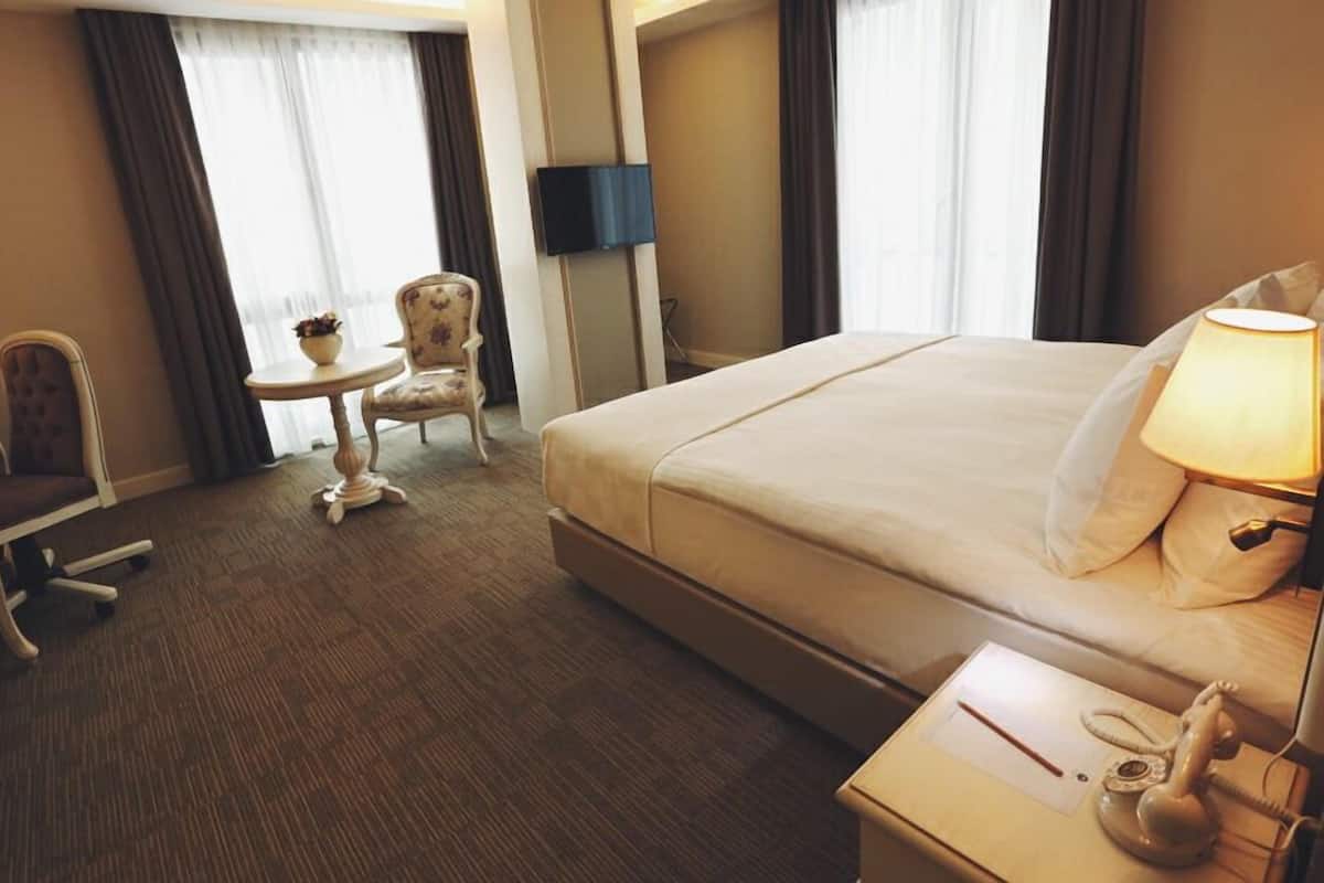 A hotel room with a large bed, a desk with a lamp, a chair, a small table with a plant, and a TV on the wall.