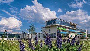 A modern building with a glass facade, surrounded by a field of purple flowers. - Siebenquell GesundZeitResort (Weissenstadt)
