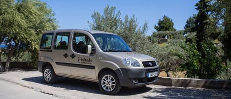 A beige van parked on a paved road with trees and shrubs in the background.