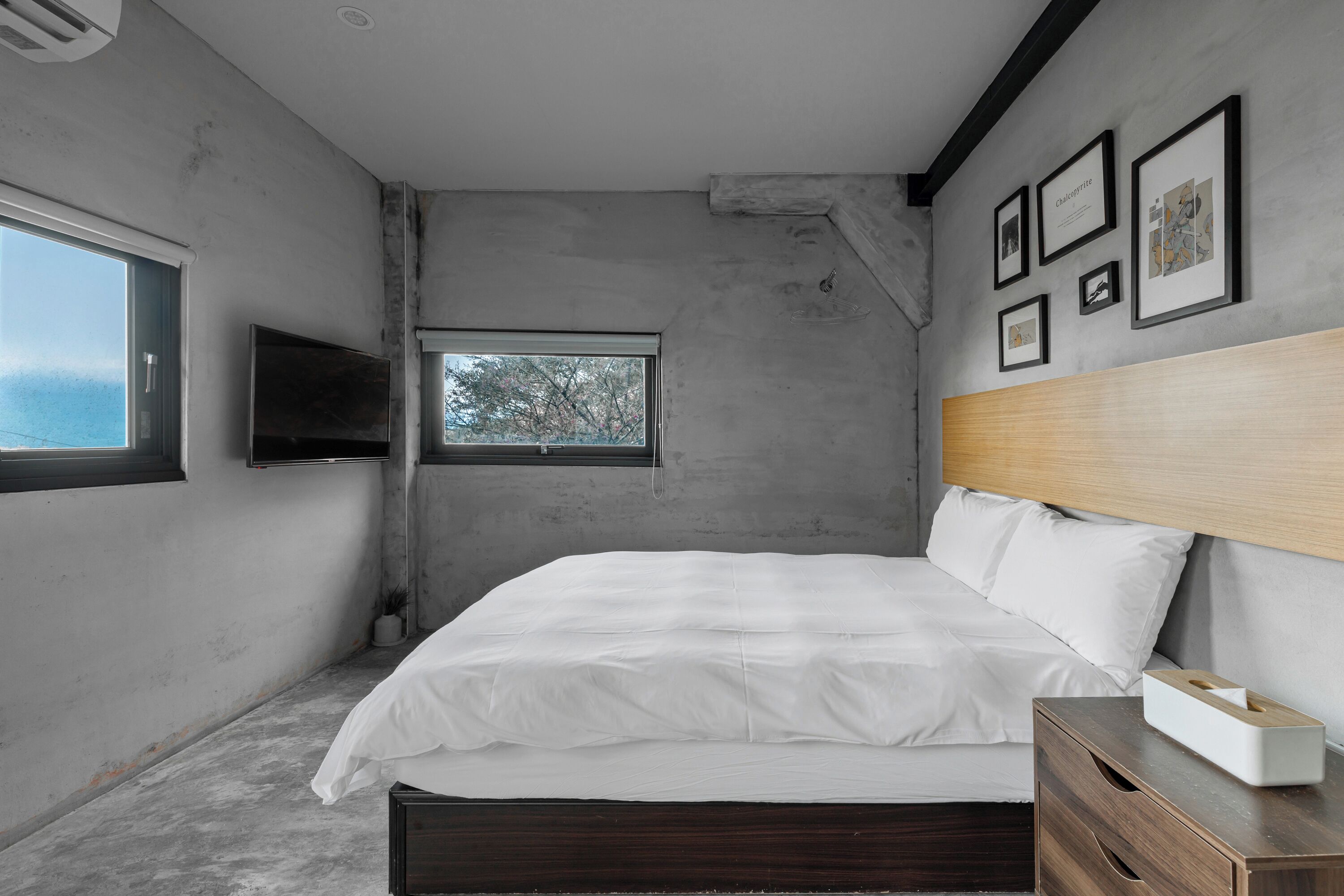 Un dormitorio con una cama grande, cabecera de madera, mesita de noche con caja de pañuelos, televisor montado en la pared y ventana con vista a árboles.