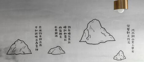 A wall with Chinese calligraphy and mountain illustrations.