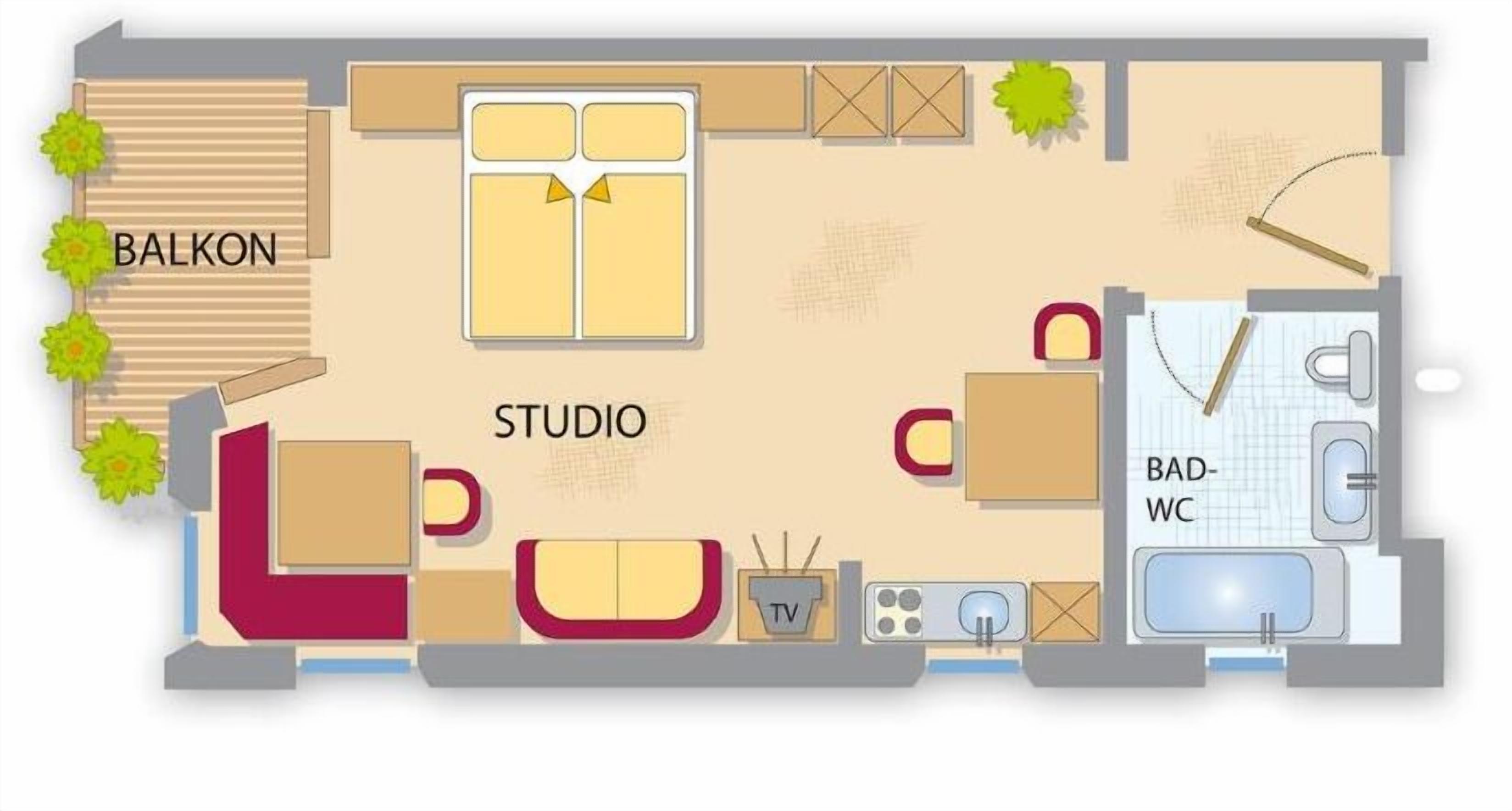 En hotels planløsning med balkon, studiolejlighed og dårligt badeværelse.