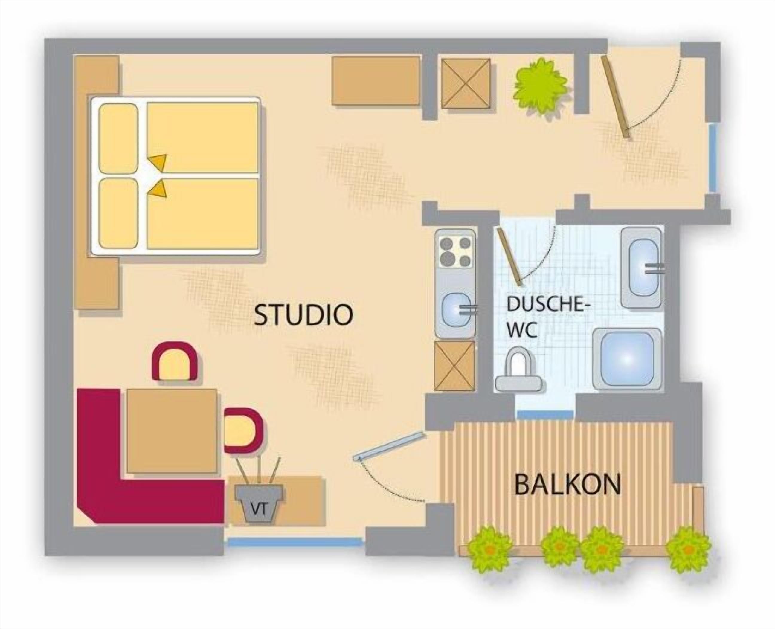 Ein Studio mit Küchenzeile, eigenem Bad und Balkon.