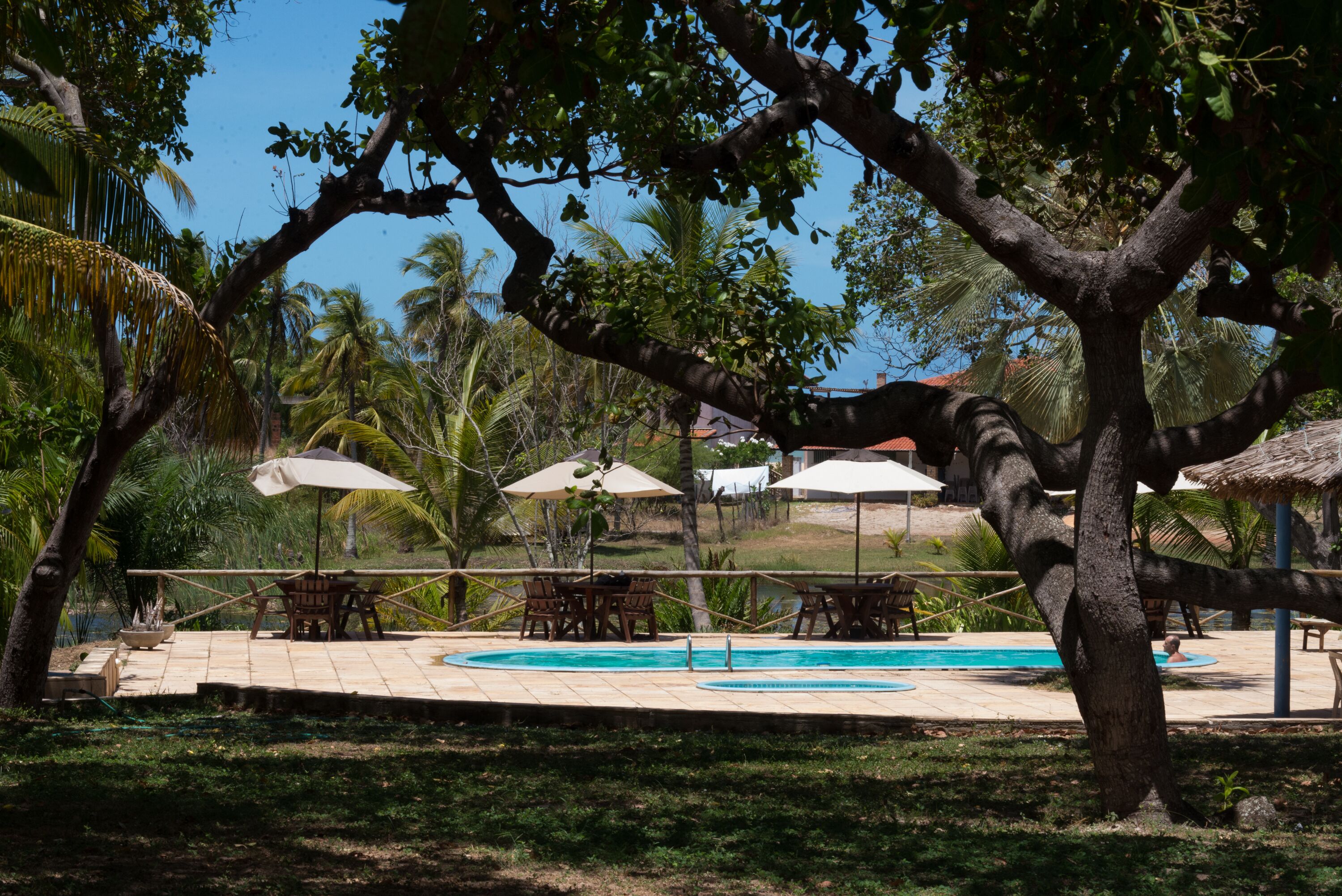 Una piscina al aire libre, tumbonas