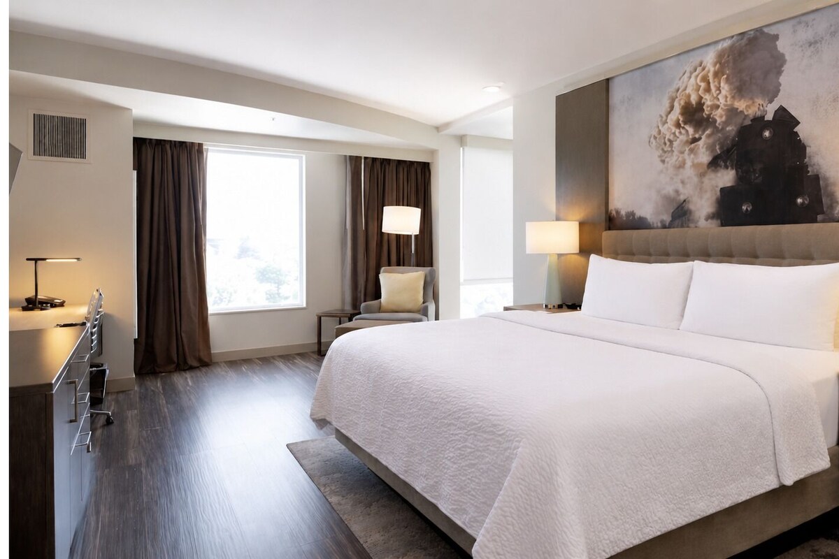 In-room safe, desk, laptop workspace, blackout curtains