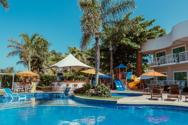 2 outdoor pools, pool umbrellas, pool loungers