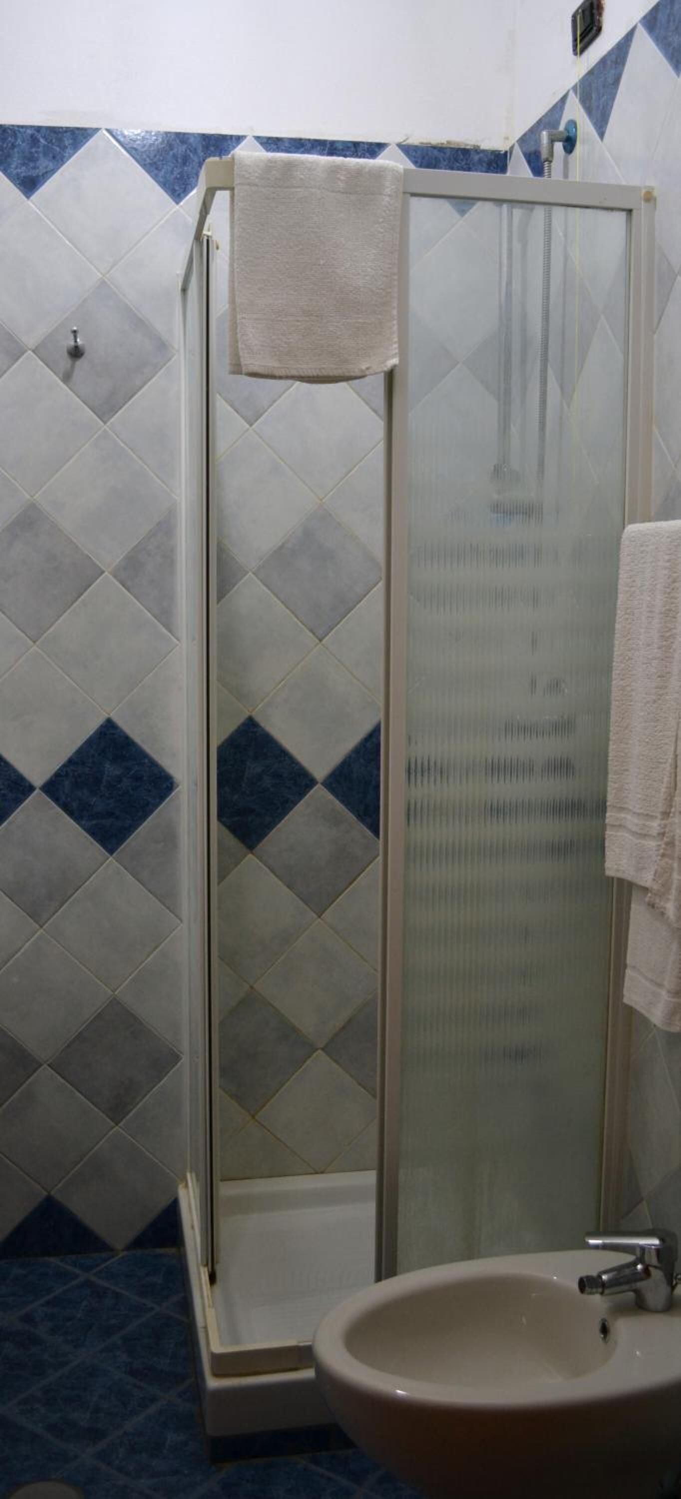 A bathroom with a glass-enclosed shower, a sink, and a tiled wall with a diamond pattern.