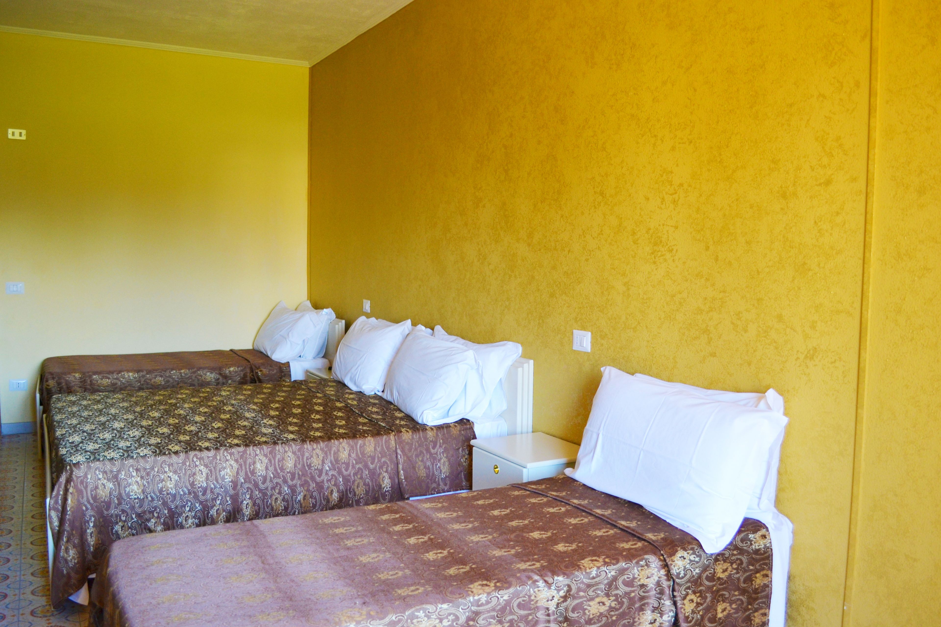 Una habitación de hotel con dos camas, cada una con colchas estampadas y almohadas blancas.