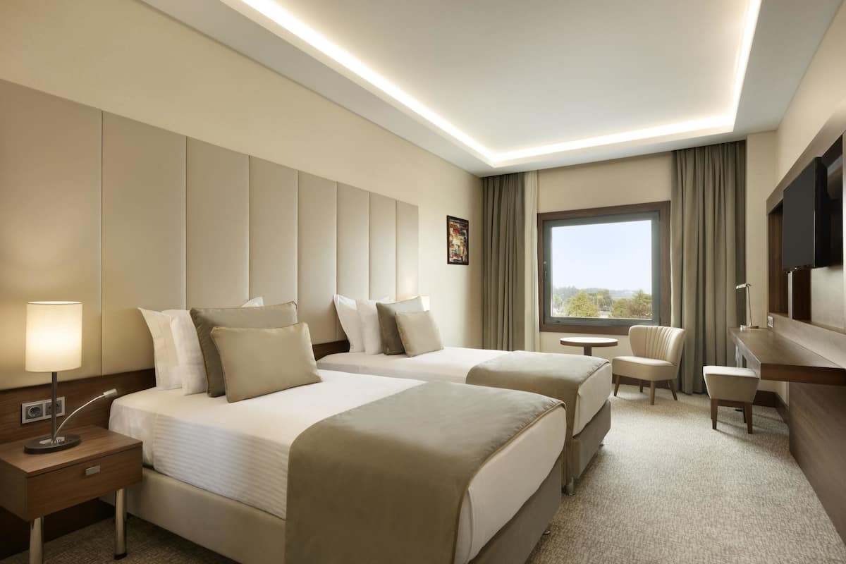 Habitació d'hotel amb dos llits, una taula de treball, una cadira, un televisor i una finestra amb cortines.