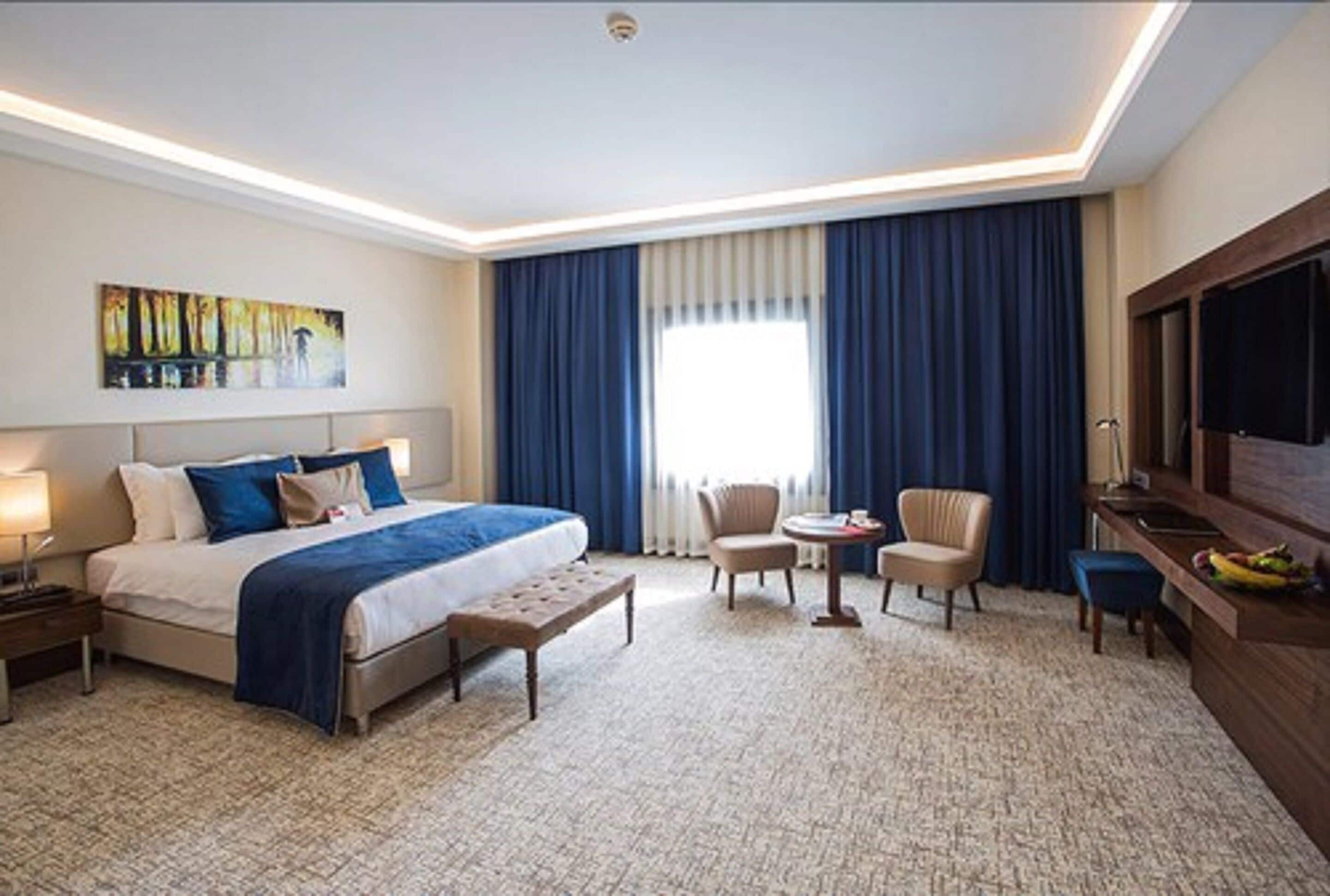 A hotel room with a large bed, a desk with a TV, a small table, and chairs.