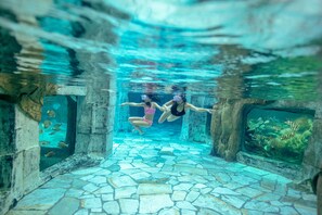 An underwater view of a stone-tiled pool with two people swimming, surrounded by fish. - Center Parcs Het Heijderbos (Heijen)