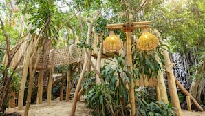 A bamboo structure with hanging light fixtures in a lush, green environment. - Center Parcs Het Heijderbos (Heijen)